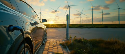 Elektroauto auf Ladeplatz vor Sonnenuntergang
