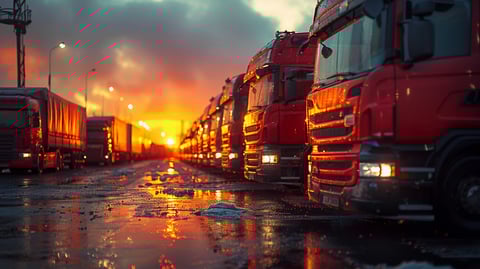 Mehrere geparkte LKW bei Sonnenuntergang, nasser Boden mit Pfützen und Schneeresten